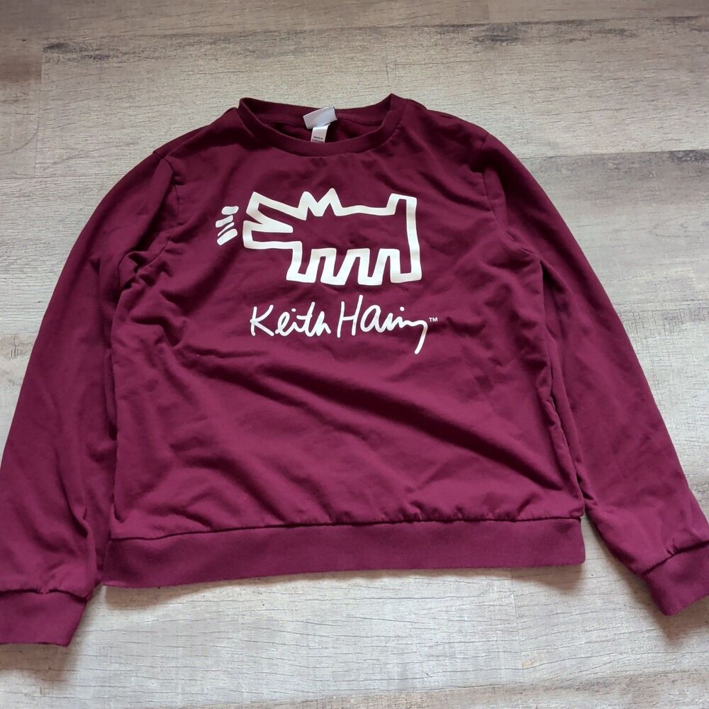Keith Haring Barking Dog Graphic Sweatshirt S Burgundy Crewneck